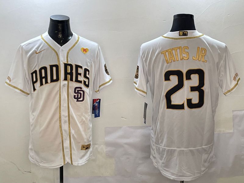 Men San Diego Padres 23 Tatis jr White Gold Elite 2025 Nike MLB Jersey style 10